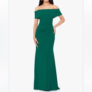Betsy & Adam Off the Shoulder Ruched Gown Green (4)